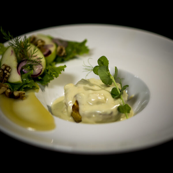 Christelle's Bistro Cheese soufflé with apple and walnut salad